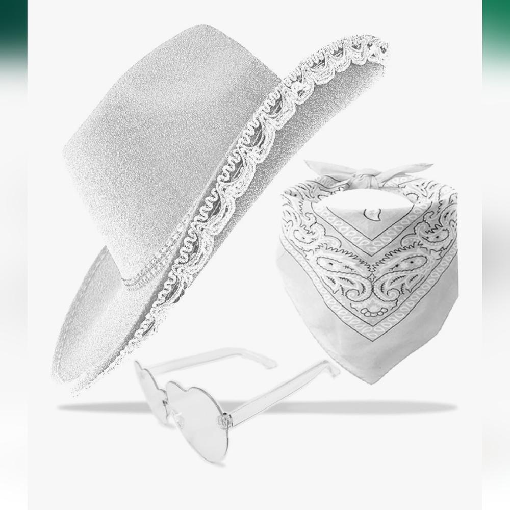Silver Sparkley Cowgirl Hat Glitter and Sequin with‎ Bandana and Heart Glasses